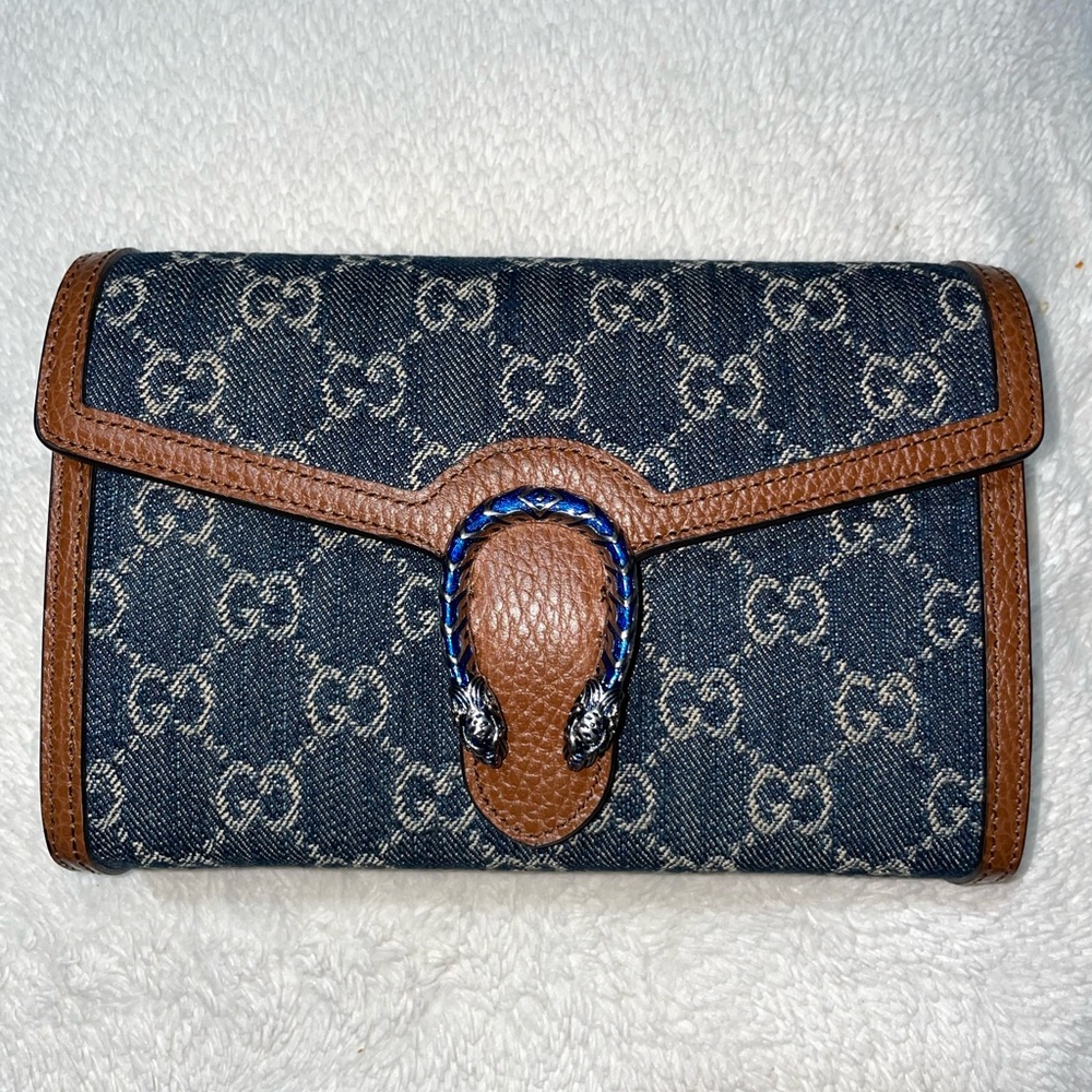 NWT Gucci Dionysus Blue Denim Leather Wallet On a Chain Shoulder Bag